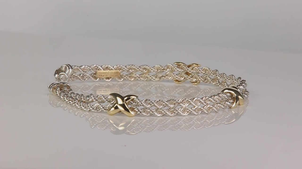 Sterling Silver and 14K Yellow Gold Rope Link Bracelet 7.5"