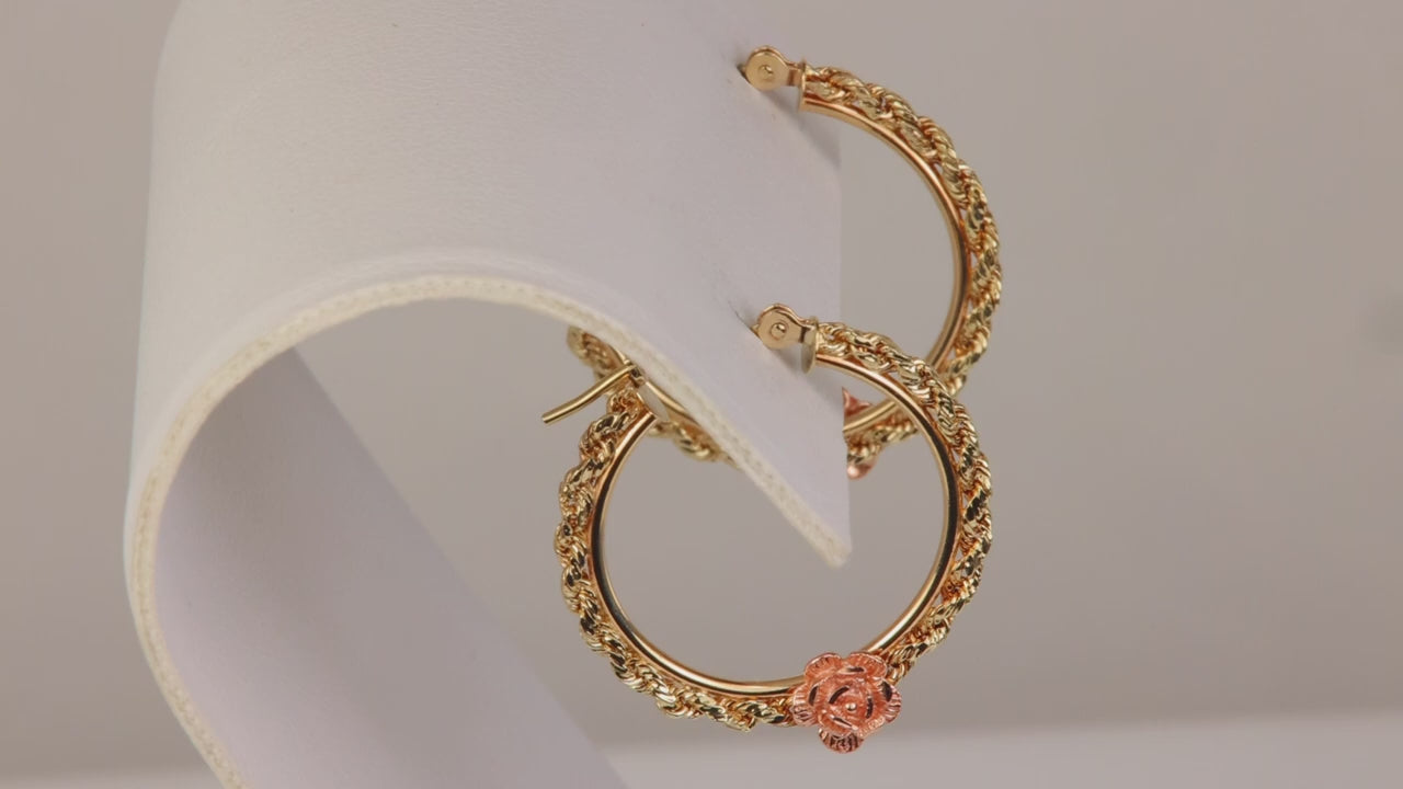 10K Yellow and Rose Gold Braided Floral Accent Hoops