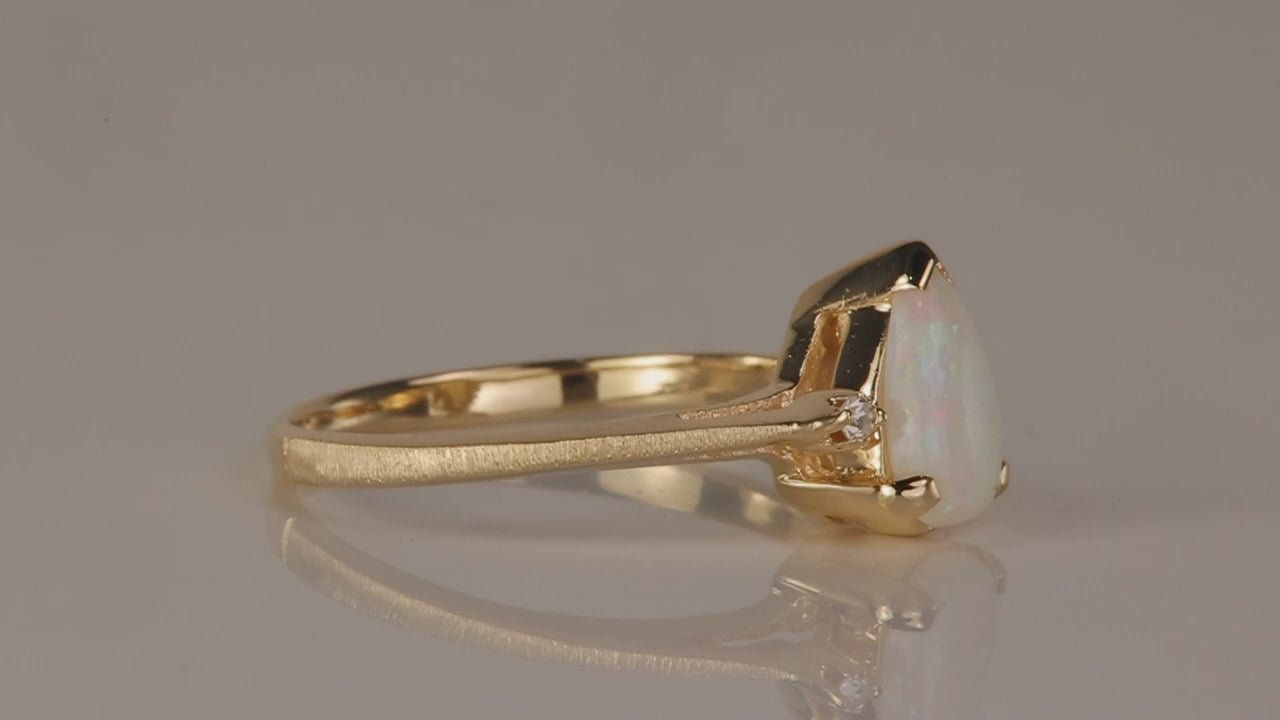 14K Yellow Gold Pear Shape Australian Opal And Diamond Accent Ring
