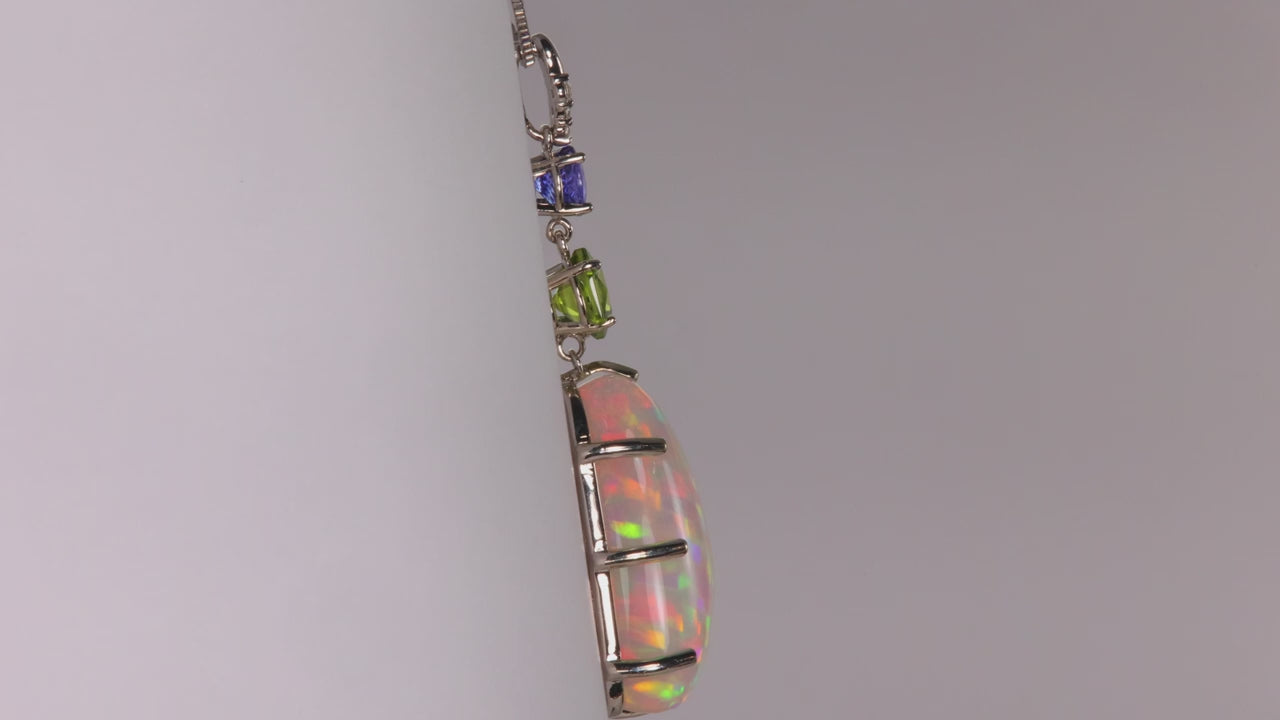 14K White Gold 15.85 Carat Opal Tanzanite and Peridot Pendant with Diamond Accents