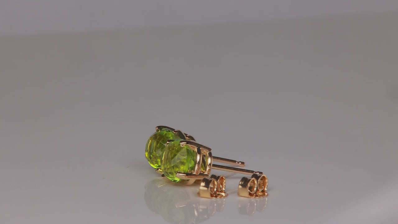 14K Yellow Gold Round Portuguese Cut Peridot Studs 3.27 Carats