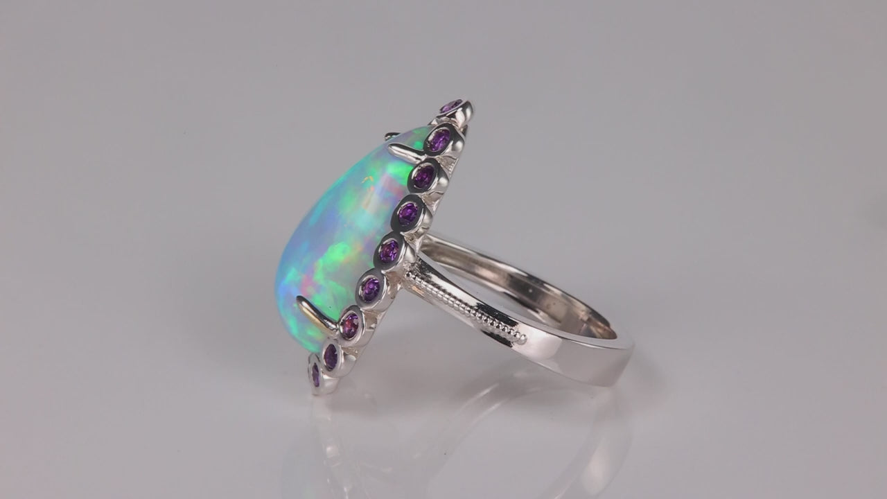 14K White Gold Pear Shaped Cabochon Opal and Amethyst Ring