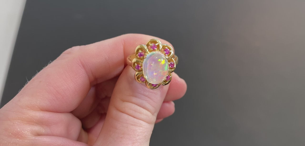 14K Yellow Gold Mexican "Contra Luz" Opal Ring with Pink Sapphire 2.5 Carats