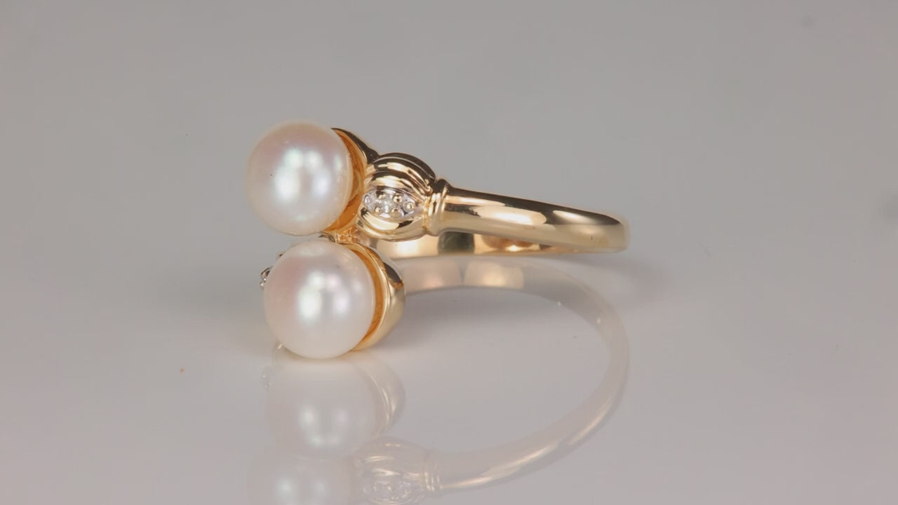 10K Yellow Gold Double Pearl and Diamond Accent Ring
