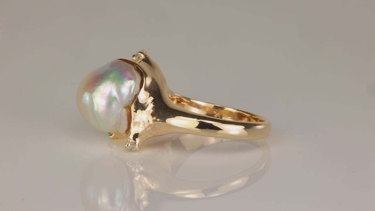 14K Yellow Gold Freeform Pearl and Diamond Accent Ring