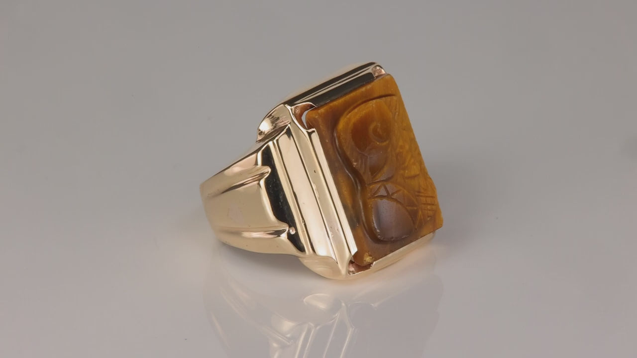 10K Yellow Gold Tiger's Eye Ring with Carved Spartans