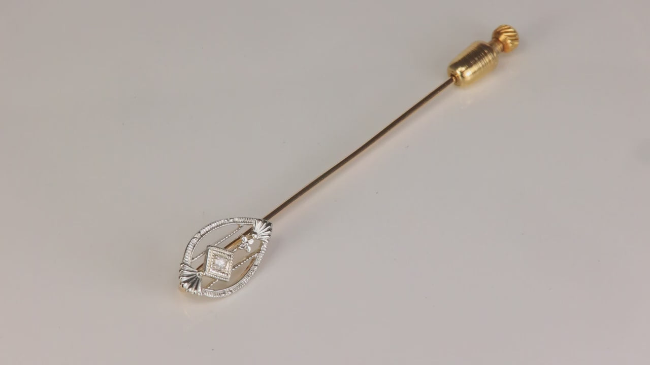 10K Yellow and White Gold Art Deco Style Diamond Accented Pin