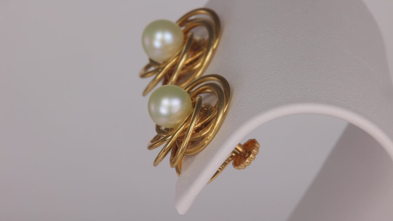 14K Yellow Gold Nested Pearl Screwback Earrings