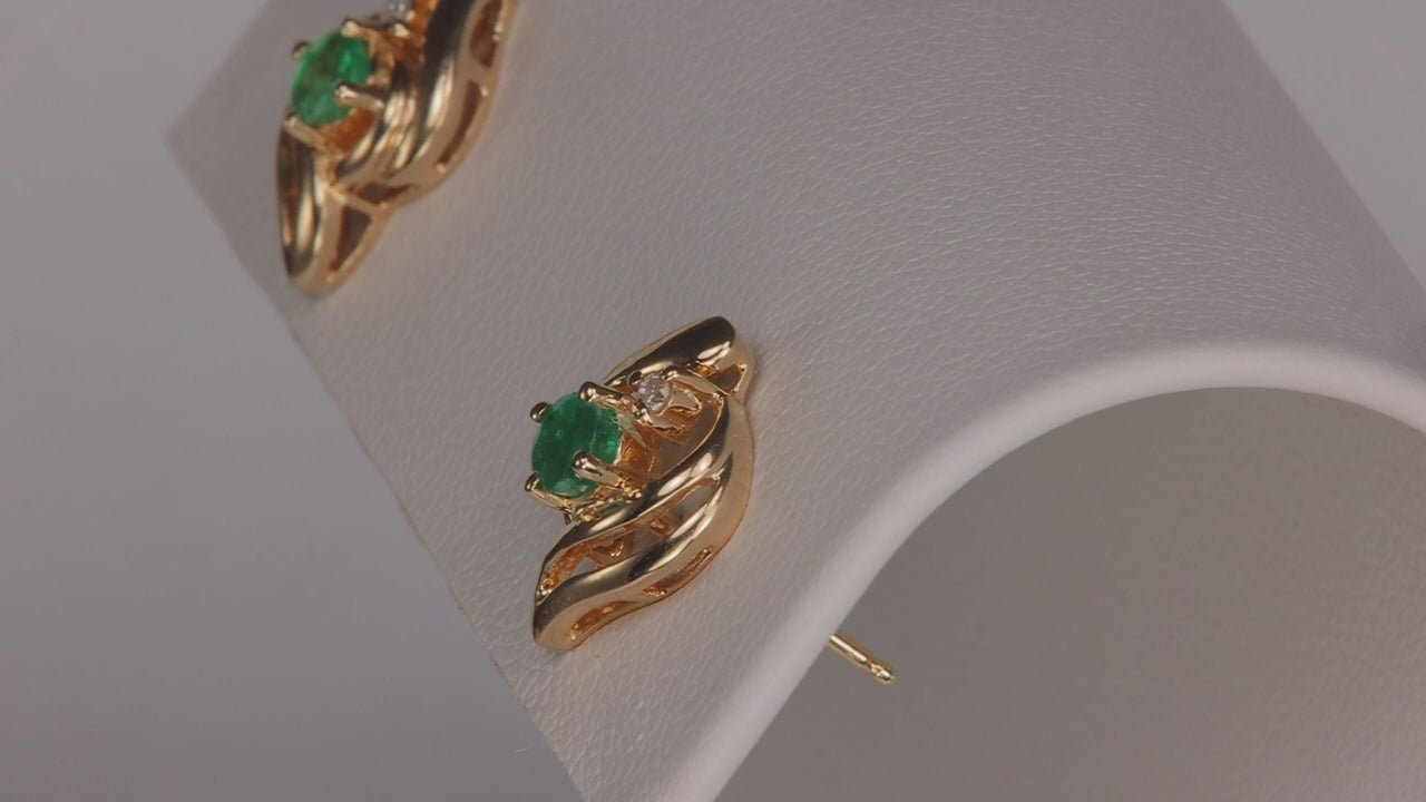 14K Yellow Gold Emerald And Diamond Earrings