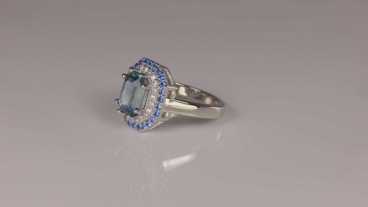 Platinum Barion Style Emerald Cut Sapphire Ring 3.23 Carats