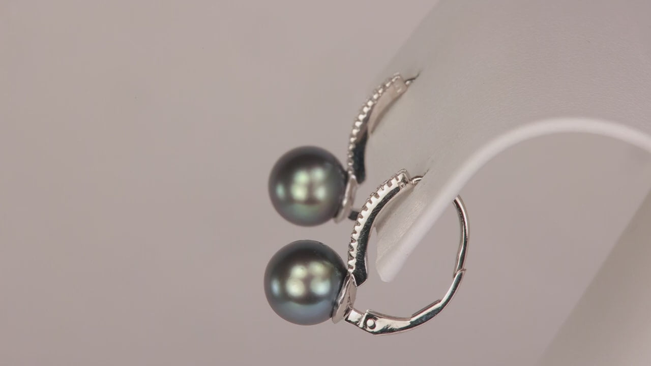 14K White Gold Grey Pearl And Diamond Drop Earrings