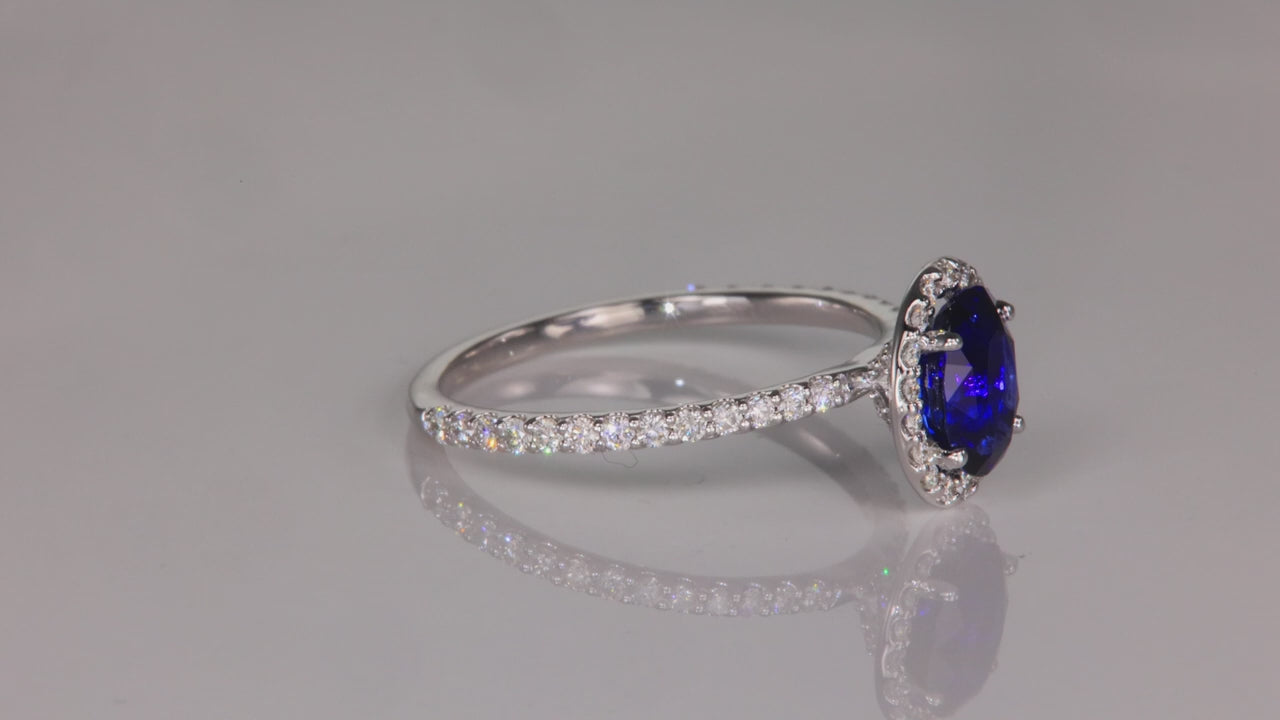 14K White Gold Oval Blue Sapphire and Diamond Halo Ring 1.38 Carats
