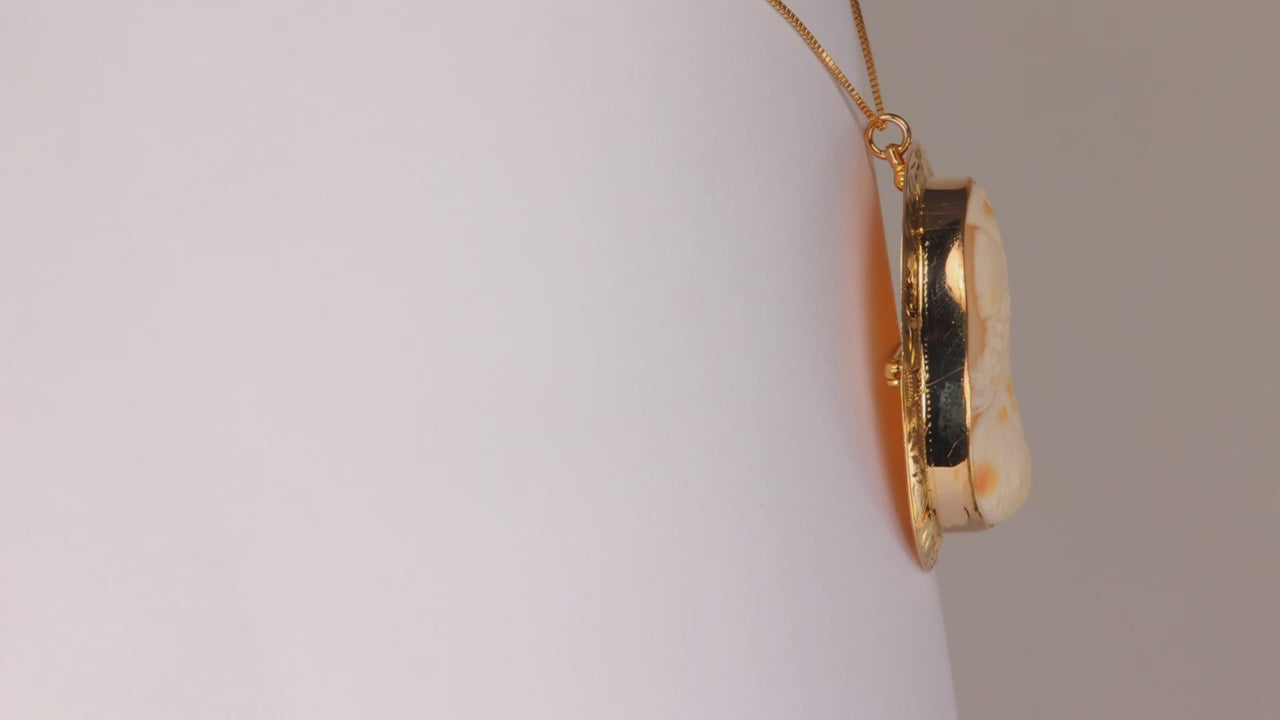 10K Yellow Gold Hand Engraved Shell Cameo Pendant/Pin