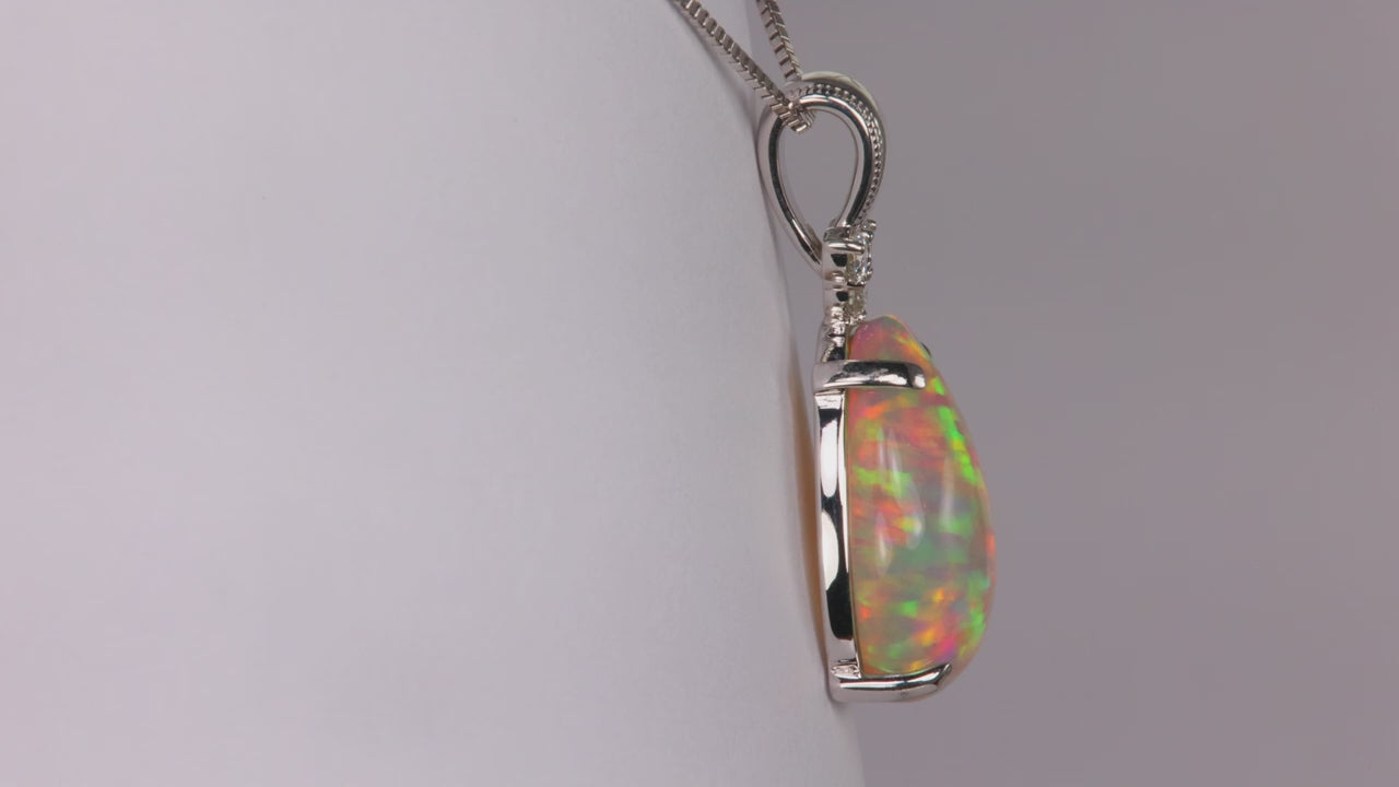 14K White Gold Pear Shape Opal and Diamond Pendant 8.11 Carats