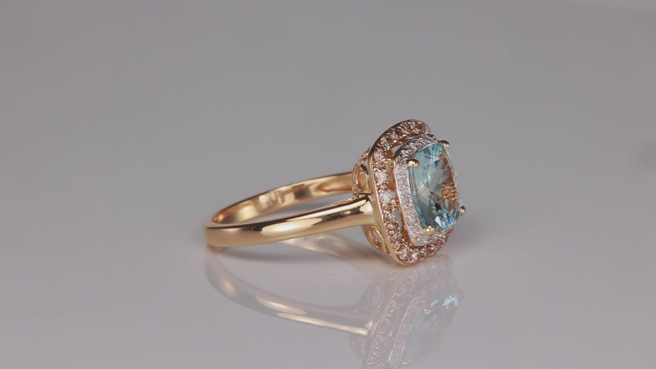 14K Yellow Gold Square Cushion Checkerboard Cut Aquamarine Ring with Diamonds