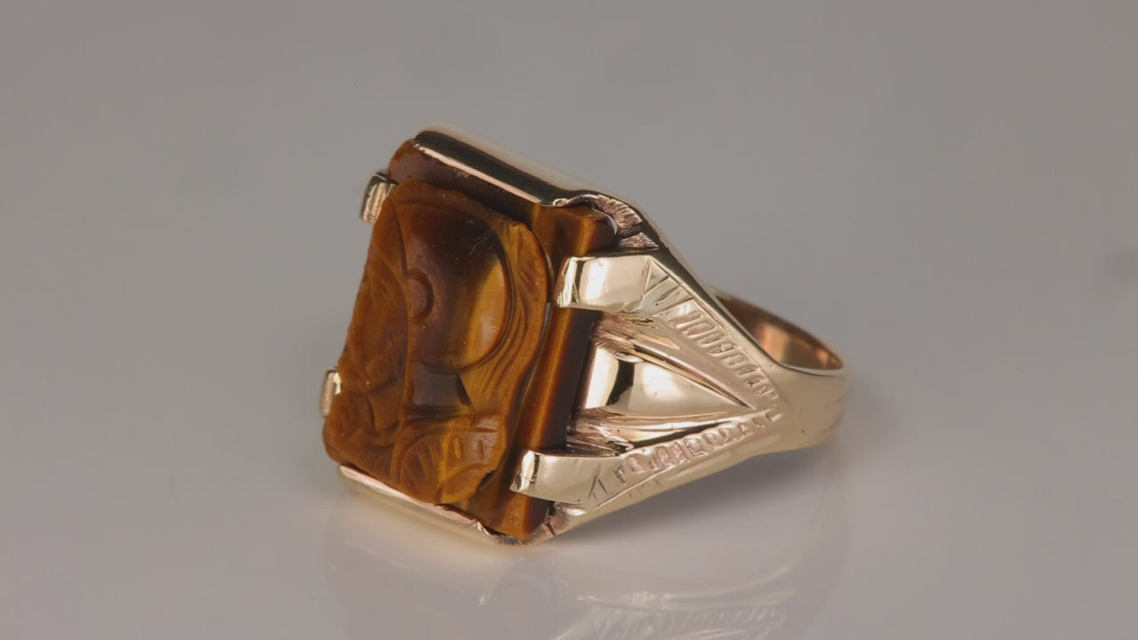 10K Yellow Gold Tiger's Eye with Carved Spartan Ring