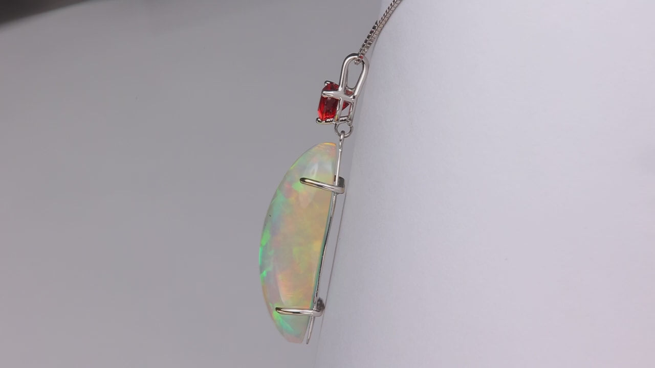 14K White Gold Cabochon Opal Pendant with Trilliant Spinel 18.65 Carats