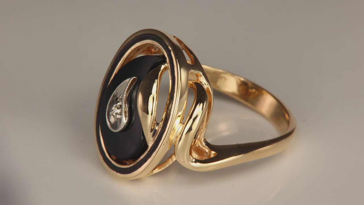 14K Yellow Gold Onyx and Diamond Accent Ring