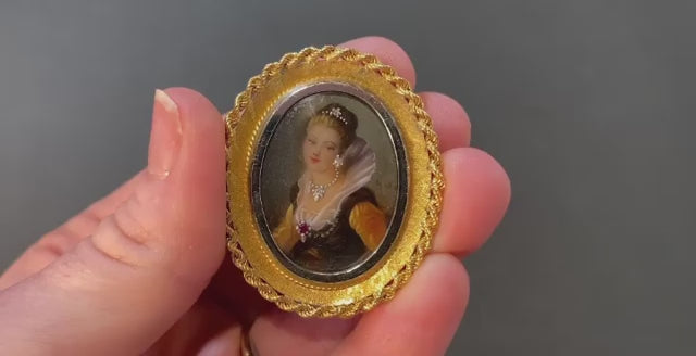 18K Yellow Gold Hand Painted Pendant/Pin with Ruby and Diamond