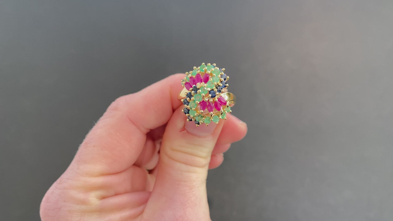 14K Yellow Gold Ruby Sapphire and Emerald Ring 1.50 Total Carats