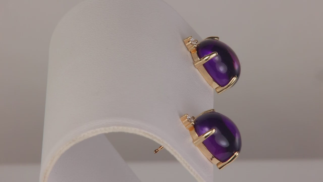 14K Yellow Gold Cabochon Amethyst and Diamond Earrings 10cts