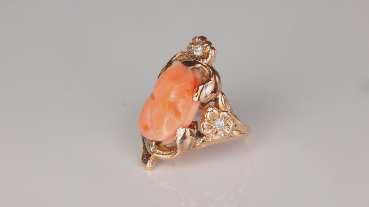 10K Yellow Gold Coral Cameo and Fine Diamond Accented Ring .06cts
