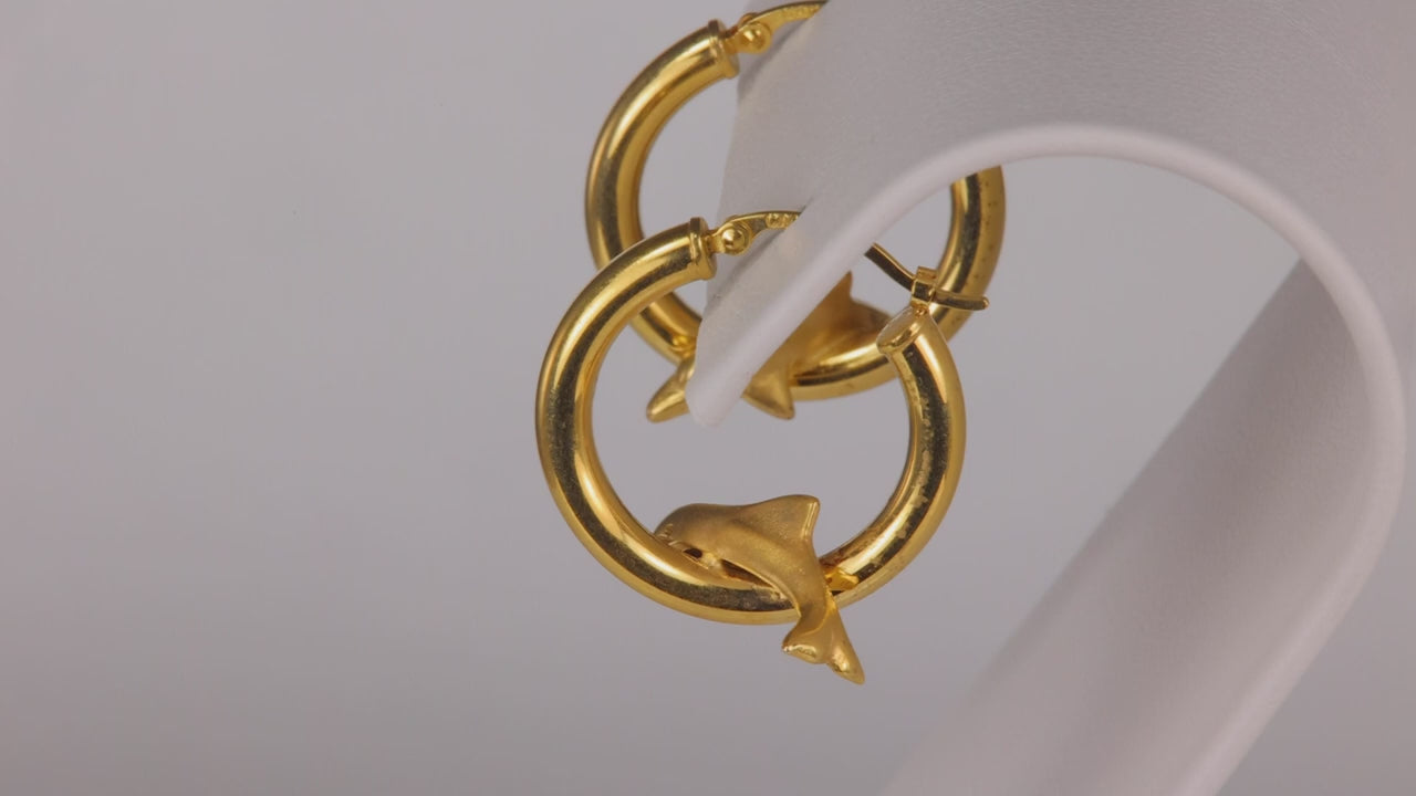 14K Yellow Gold Hoop Earrings With Dolphins