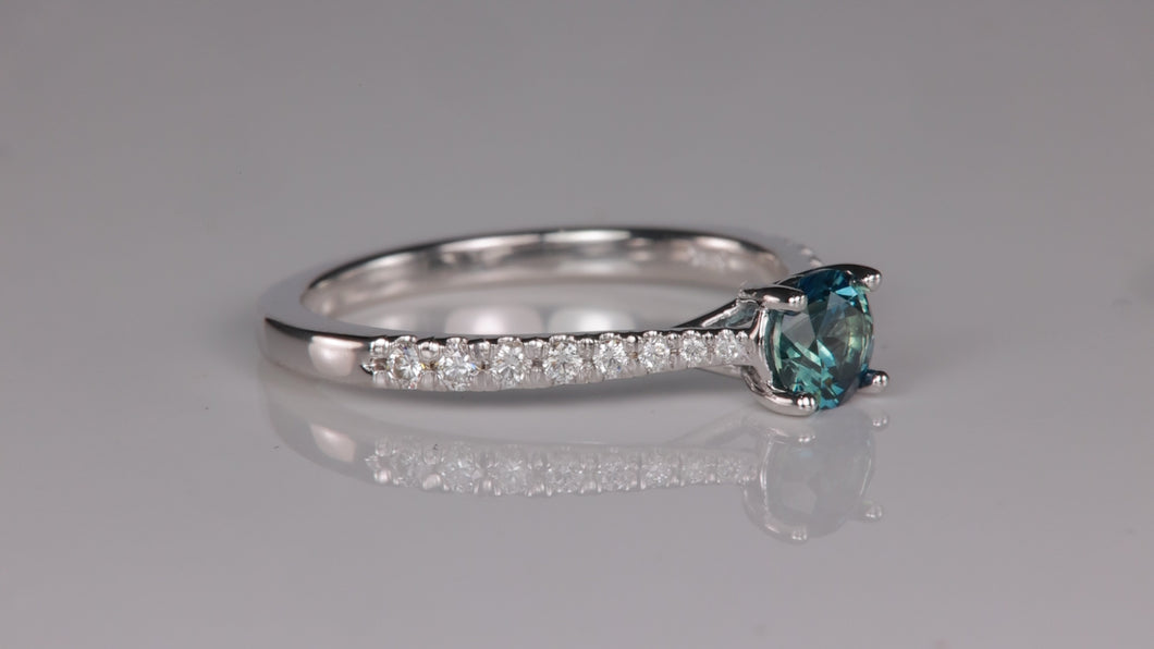 Bluish Green Round Brilliant Sapphire Engagement ring