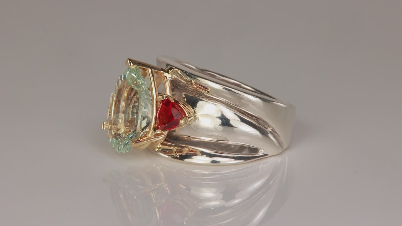Sterling Silver and 14K Yellow Gold Prasiolite and Garnet Ring