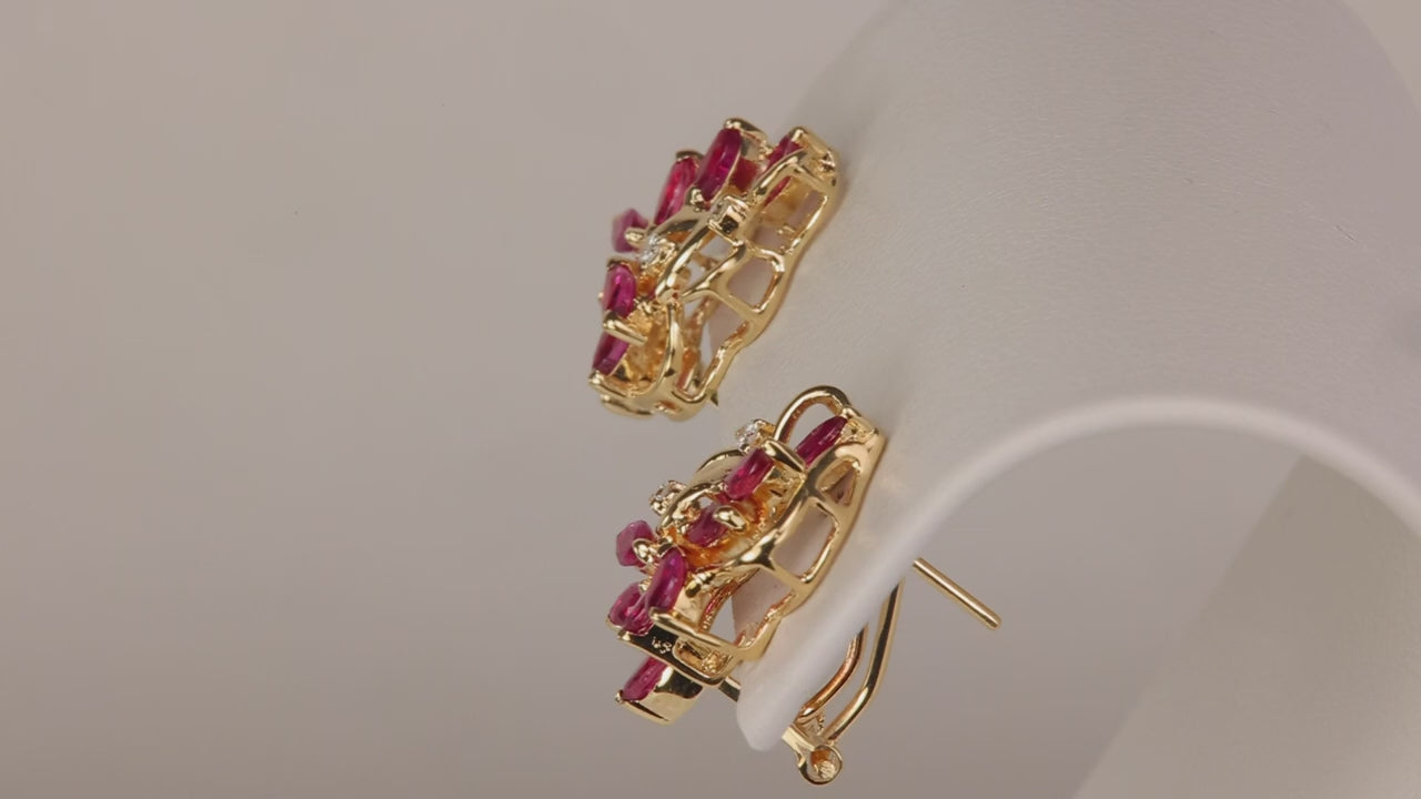 14K Yellow Gold Ruby and Diamond Cluster Earrings 1ct