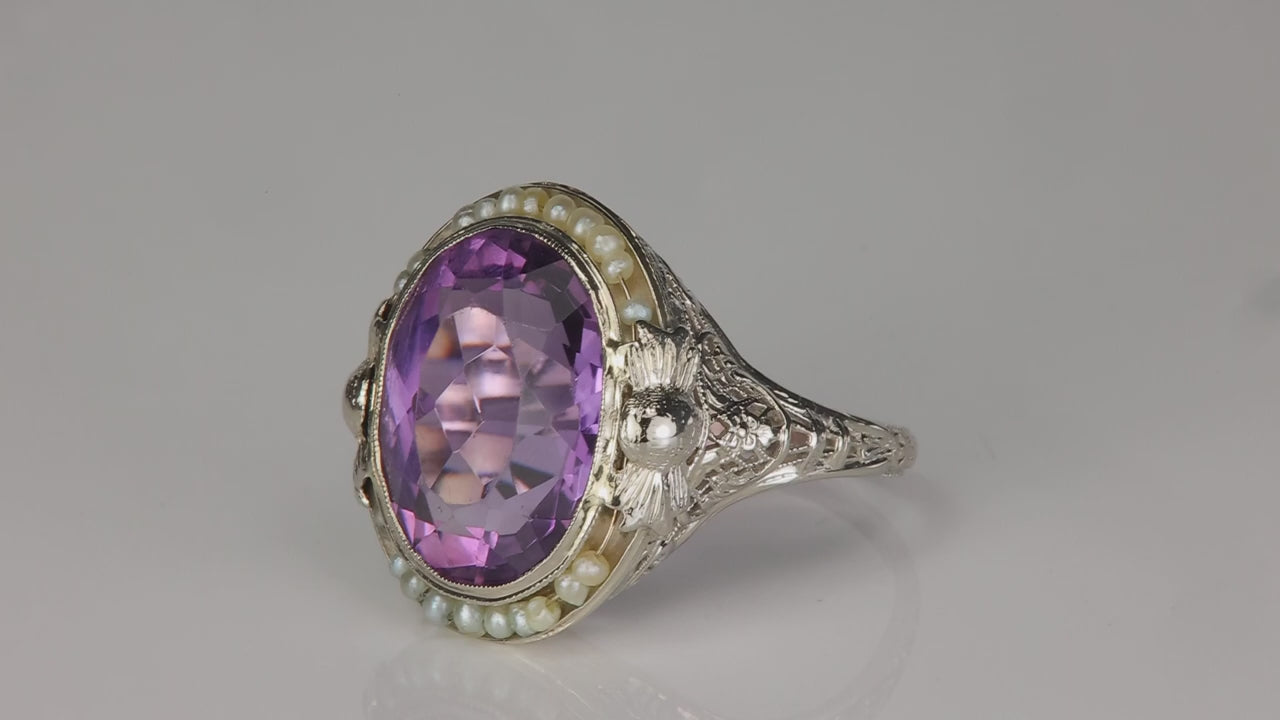 14K White Gold Amethyst and Seed Pearl Ring 7cts