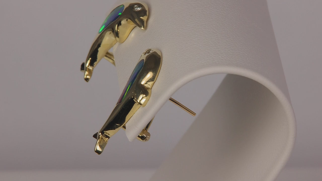 14K Yellow Gold Black Opal and Diamond Dolphin Earrings