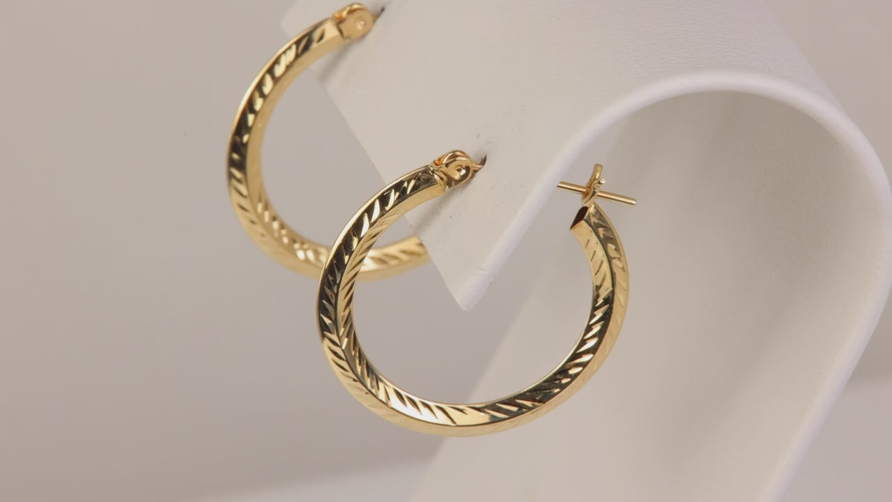 14K Yellow Gold Diamond Cut Hoop Earrings