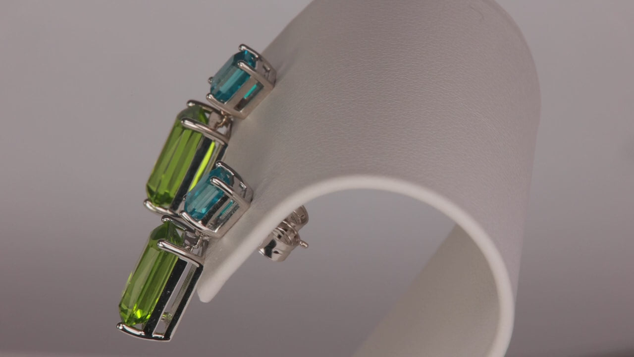 14k White Gold Emerald Cut 8.31ct Peridot and Blue Zircon Earrings