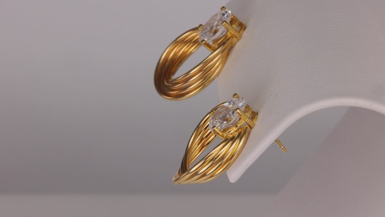 14K Yellow Gold Swirl Stud Earrings With Cubic Zirconia