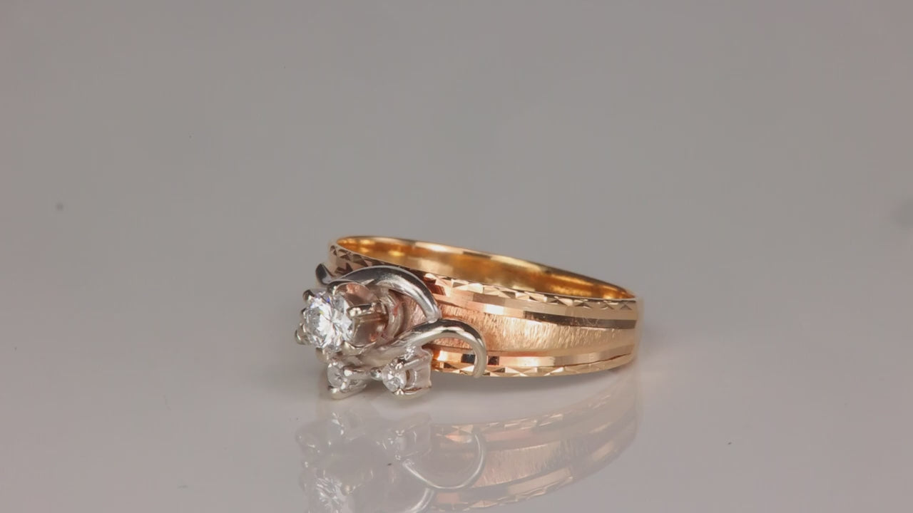 14K Yellow and White Gold Diamond Cut and Brushed Diamond Ring .19cttw