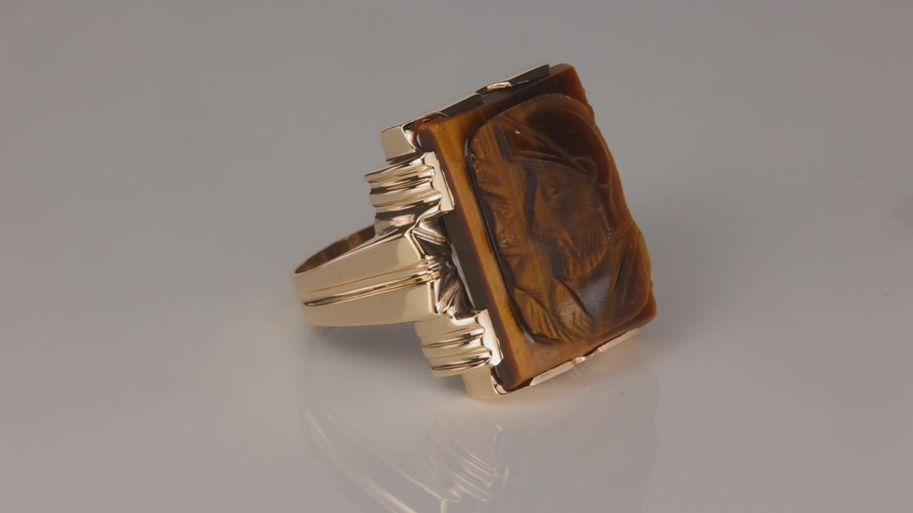 10K Yellow Gold Tiger's Eye Ring with Carved Spartan