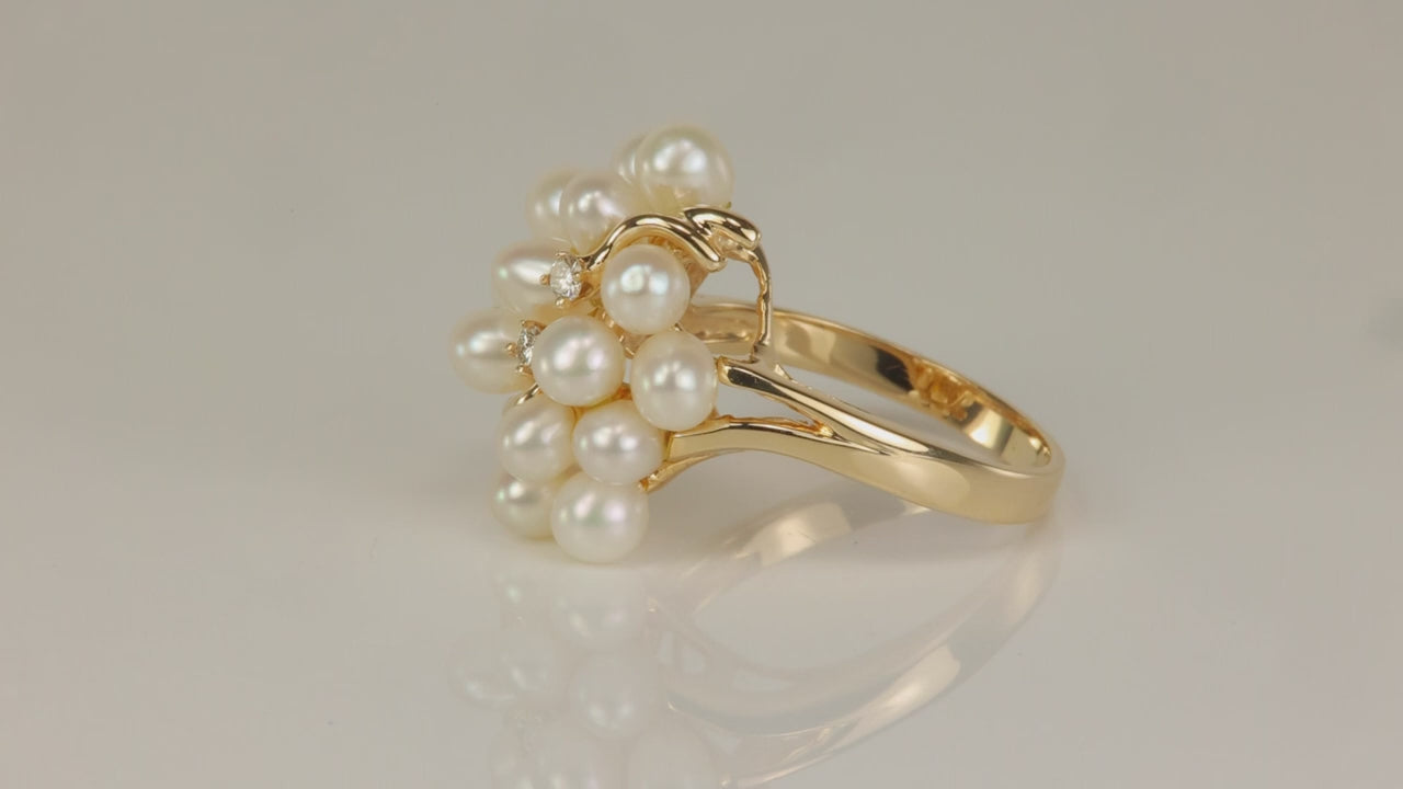 14K Yellow Gold Pearl Cluster Ring with Diamond Accents