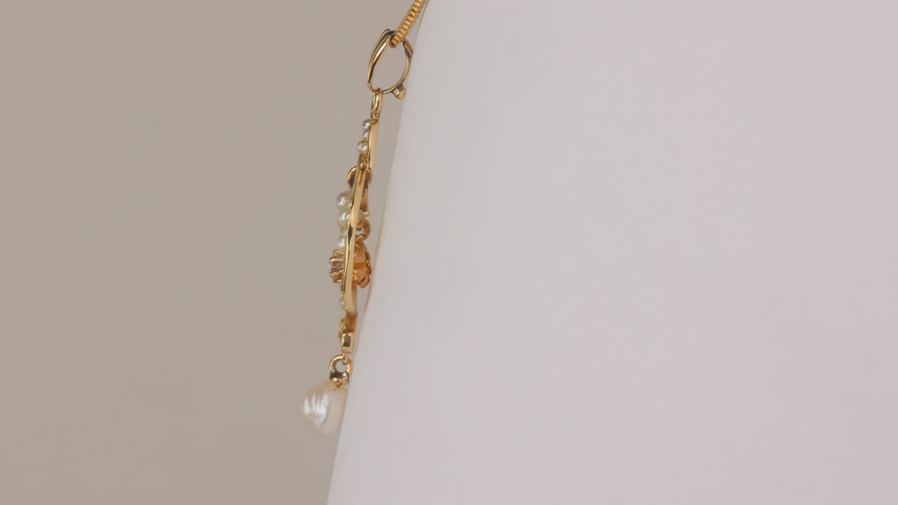 14K Yellow Gold Seed Pearl and .05cts Diamond Pendant