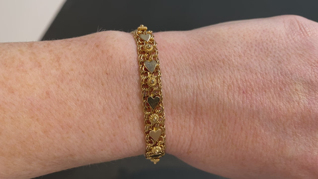 14K Yellow Gold Twin Cable and Heart Link Bracelet