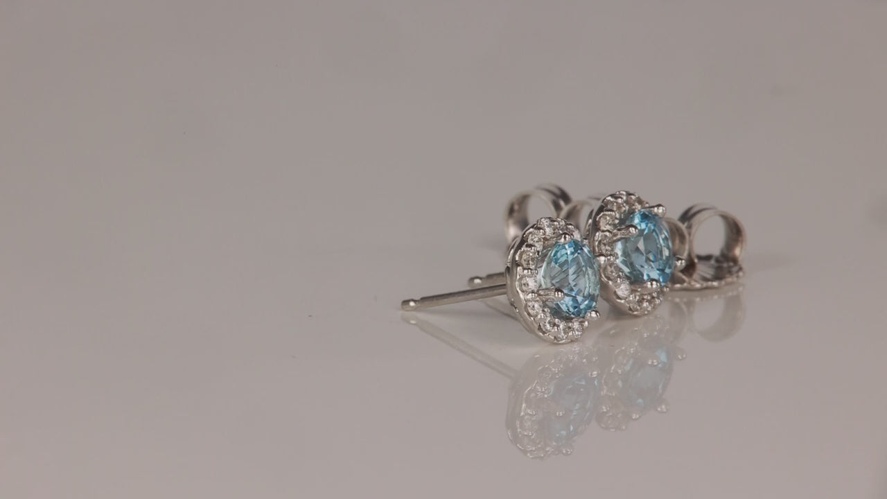 14K White Gold Diamond Halo Aquamarine Earrings