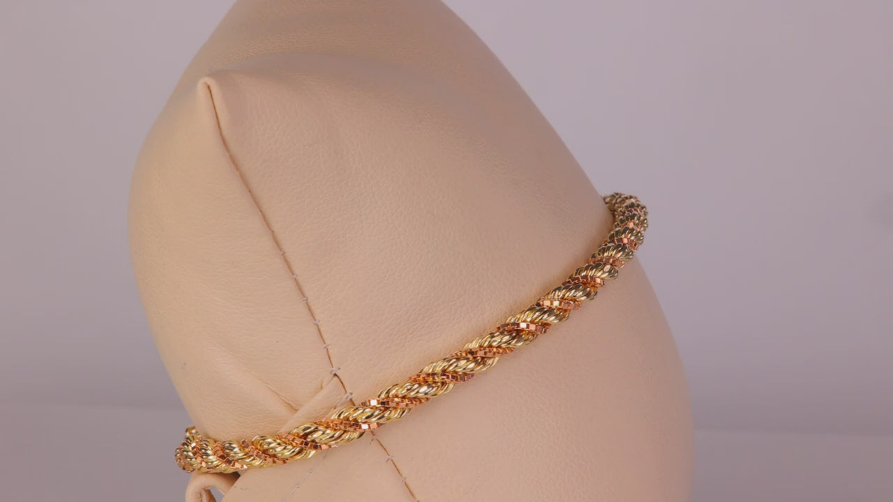 14K Yellow and Rose Gold Rope and Box Link Bracelet 8"