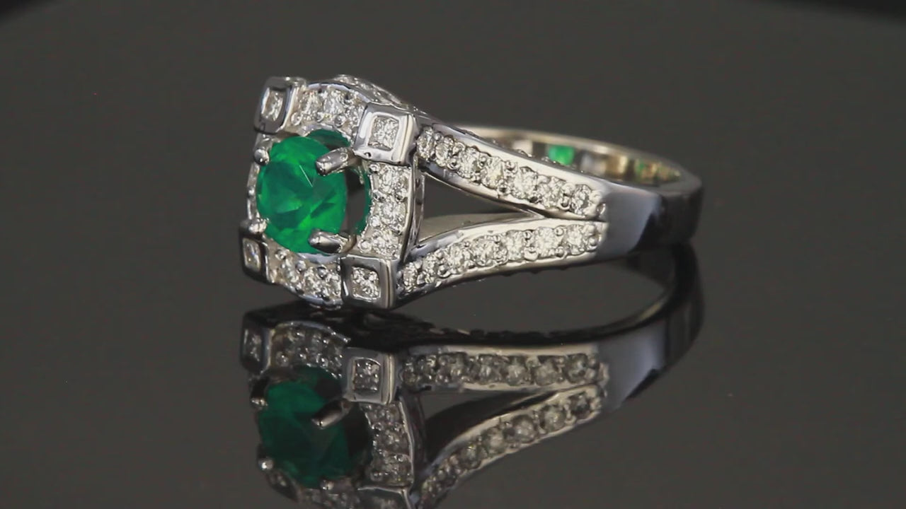 14K White Gold Round Cut Emerald Ring with 1.01 Carats of Fine Diamonds Designed by Christopher Michael