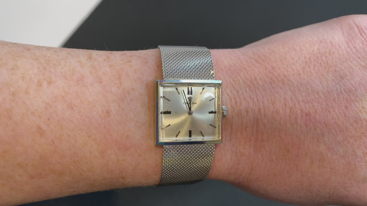 14K White Gold Omega Mesh Band Watch