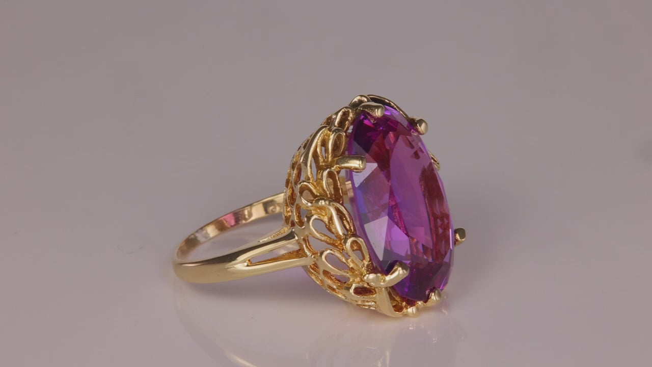 14K Yellow Gold Oval Cut Synthetic Sapphire Cocktail Ring 12cts