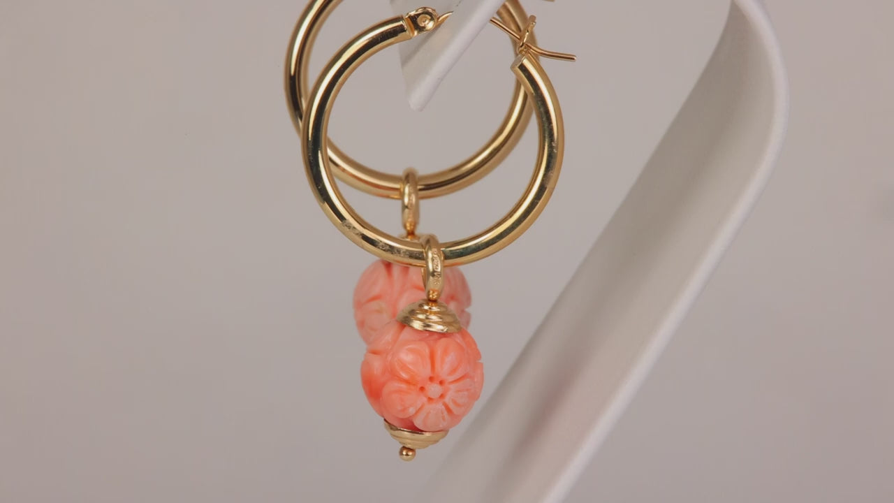 14K Yellow Gold Carved Coral Hoop Earring Charms