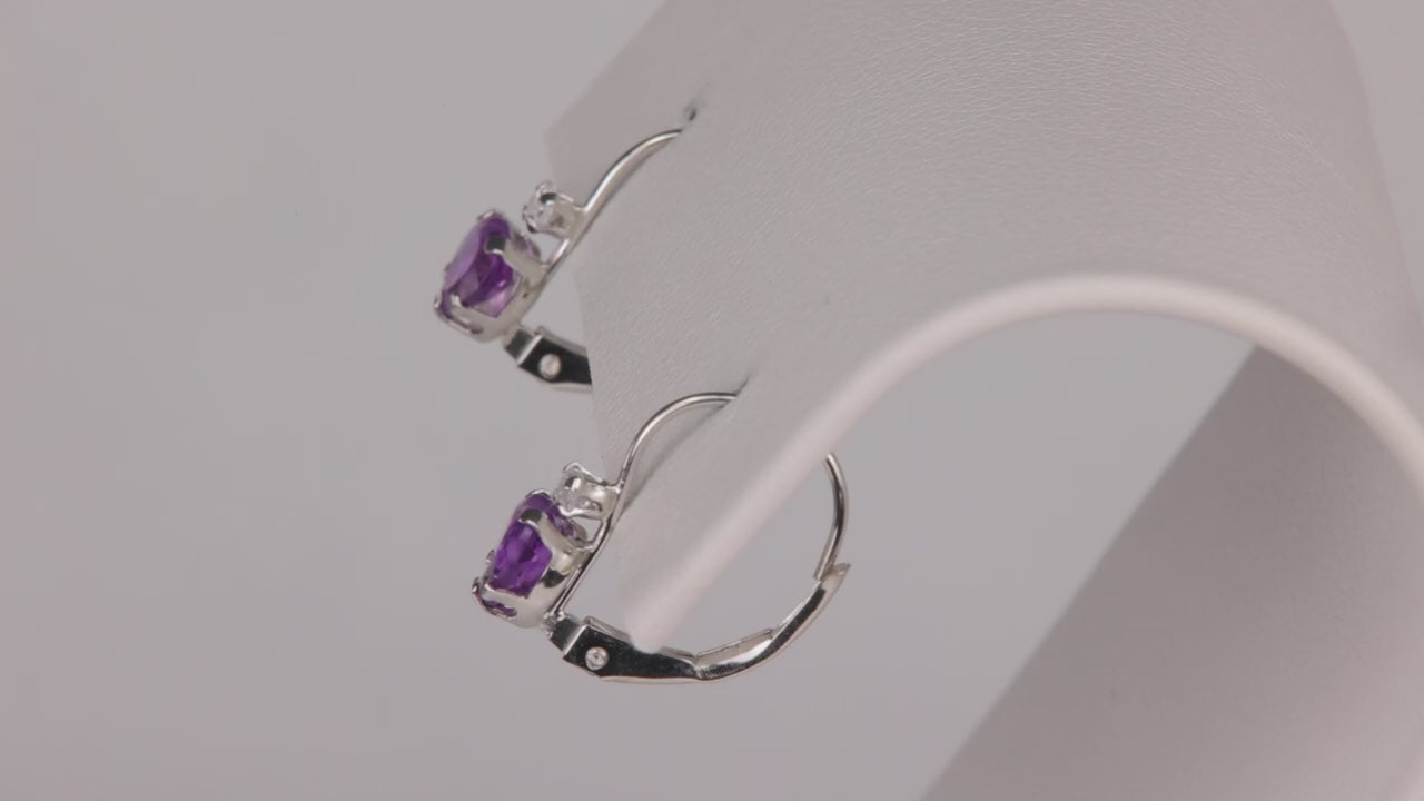 10K White Gold Heart Shape Brilliant Amethyst and Cubic Zirconia Earrings