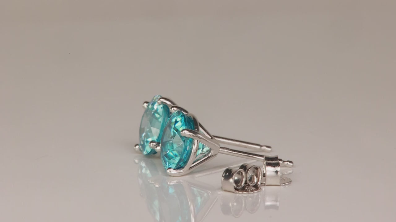 14K White Gold Round Brilliant Blue Zircon Stud Earrings 4.08 Carats