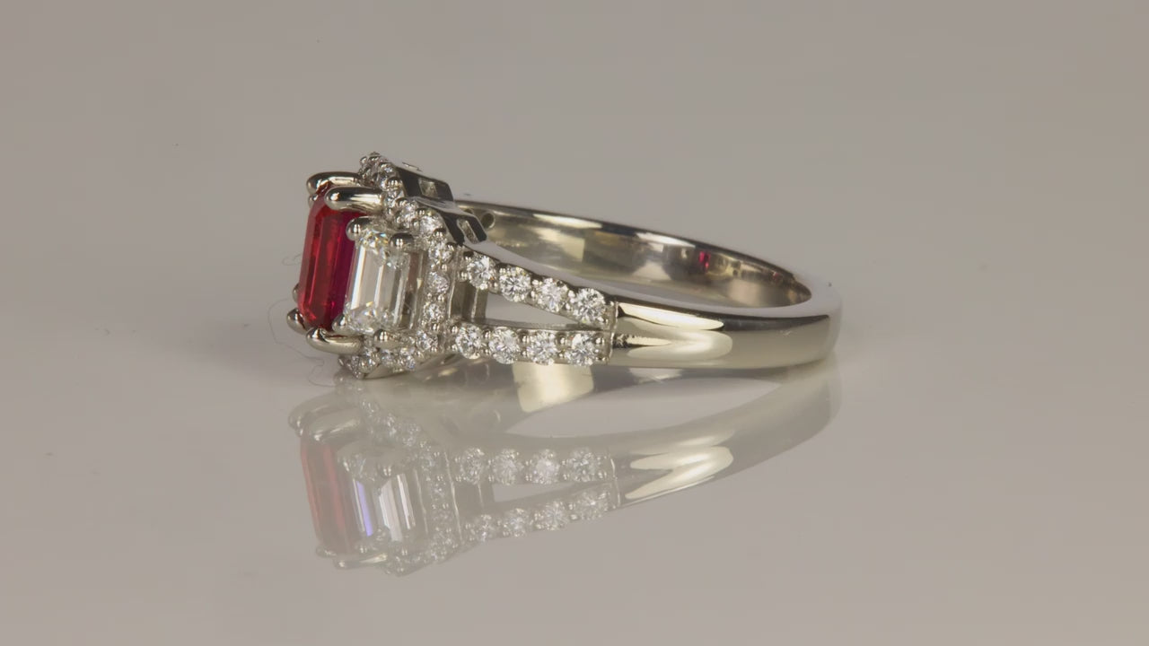 Platinum Emerald Cut Ruby and Diamond Ring .76 Carats