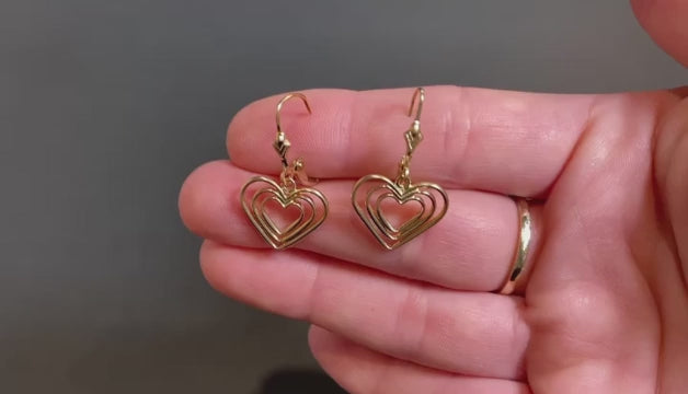 14K Yellow Gold Triple Heart Earrings